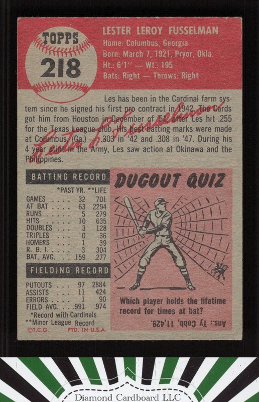 1953 Topps #218 Les Fusselman VG+ f, back