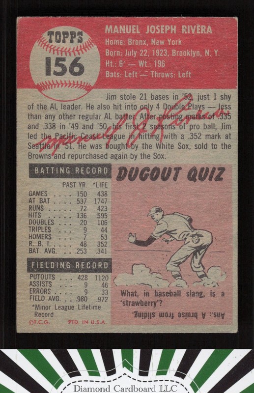 1953 Topps #156 Jim Rivera : Bio uses white text VG e, back