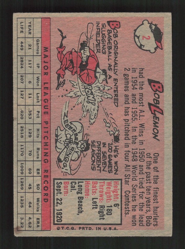 1958 Topps #2 Bob Lemon White Letters VG+ b, back