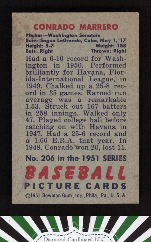 1951 Bowman #206 Connie Marrero EX, back