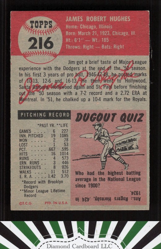 1953 Topps #216 Jim Hughes NM g, back