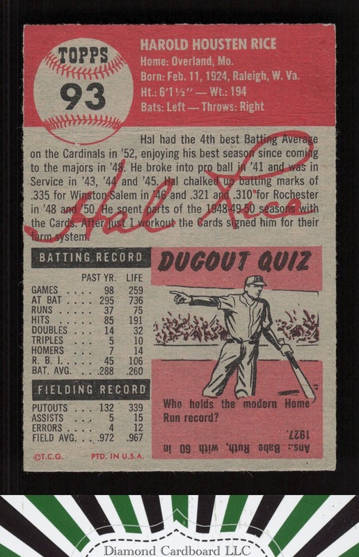 1953 Topps #93 Hal Rice : Bio uses white text EX (ST) g, back