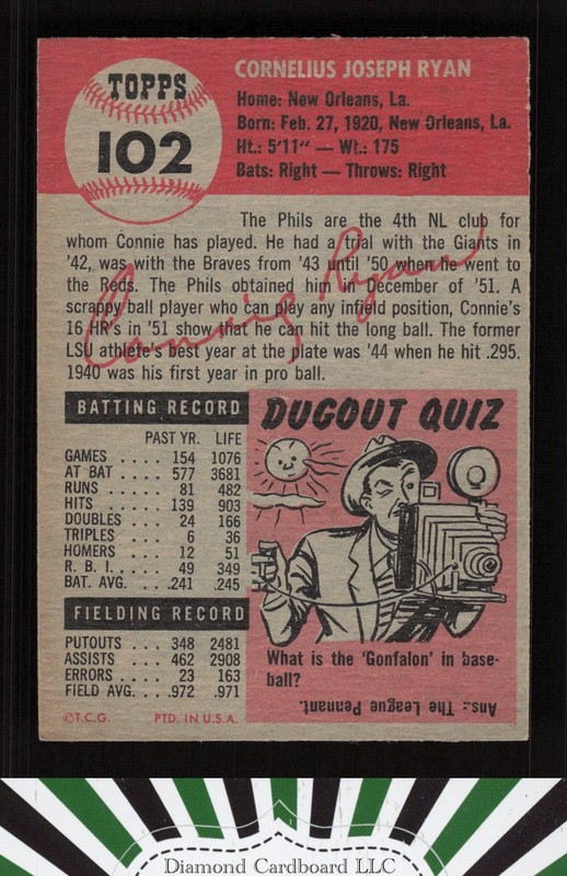 1953 Topps #102 Connie Ryan : Bio uses black text EX h, back