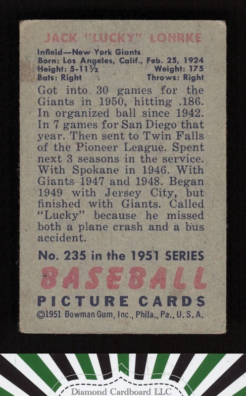 1951 Bowman #235 Jack Lohrke GD, back