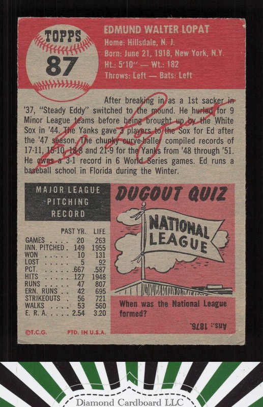 1953 Topps #87 Ed Lopat : Bio uses white text VGEX [CENTERED] f, back