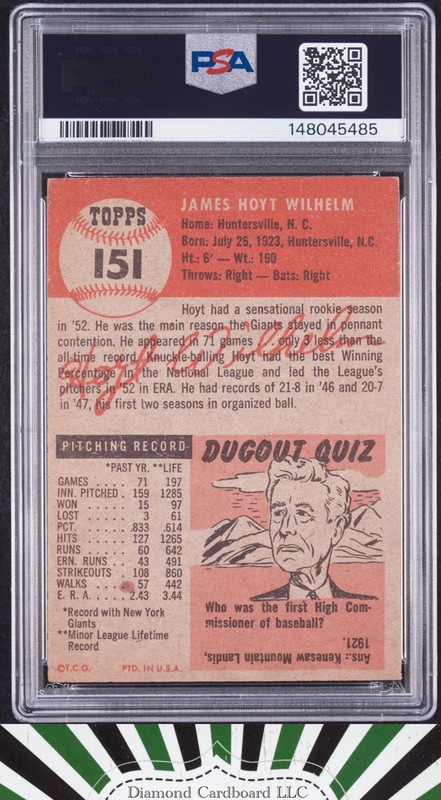 1953 Topps #151 Hoyt Wilhelm PSA 4, back