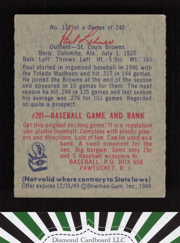 1949 Bowman #131 Paul Lehner VGEX a, back