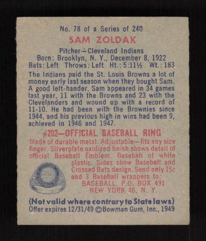 1949 Bowman #78 Sam Zoldak No Name EX, back