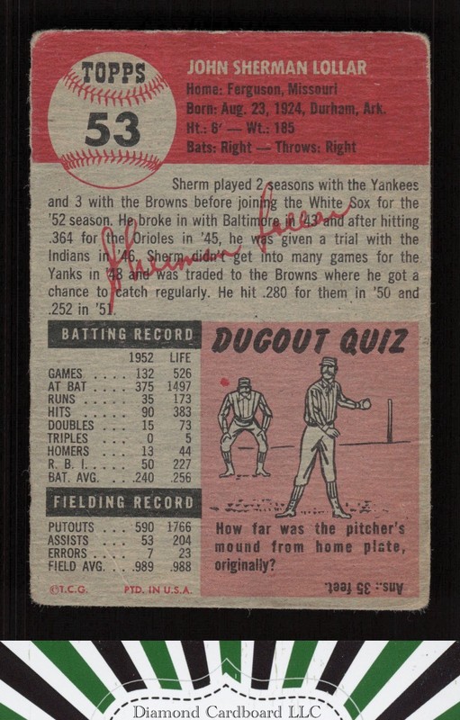 1953 Topps #53 Sherm Lollar FR a, back