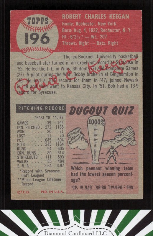 1953 Topps #196 Bob Keegan VGEX g, back