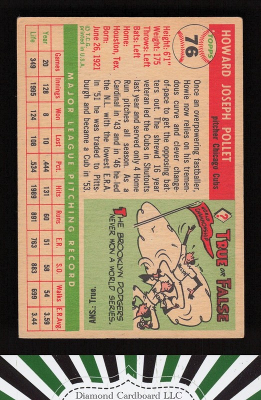 1955 Topps #76 Howie Pollet VGEX f, back