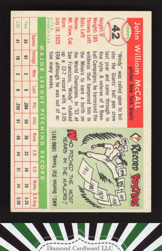 1955 Topps #42 Windy McCall EX d, back
