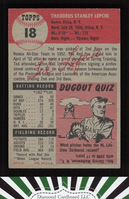1953 Topps #18 Ted Lepcio VGEX+ [CENTERED] g, back