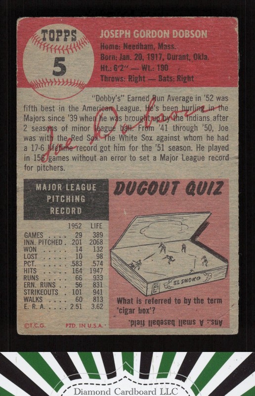 1953 Topps #5 Joe Dobson GD b, back