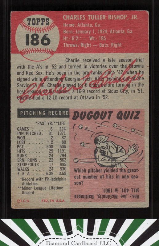 1953 Topps #186 Charlie Bishop VG (ST) [CENTERED] a, back