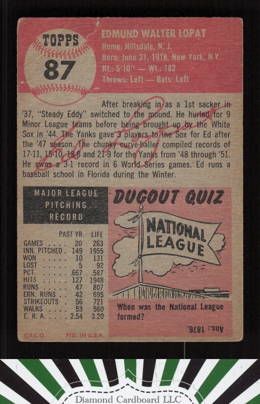 1953 Topps #87 Ed Lopat : Bio uses white text GD b, back