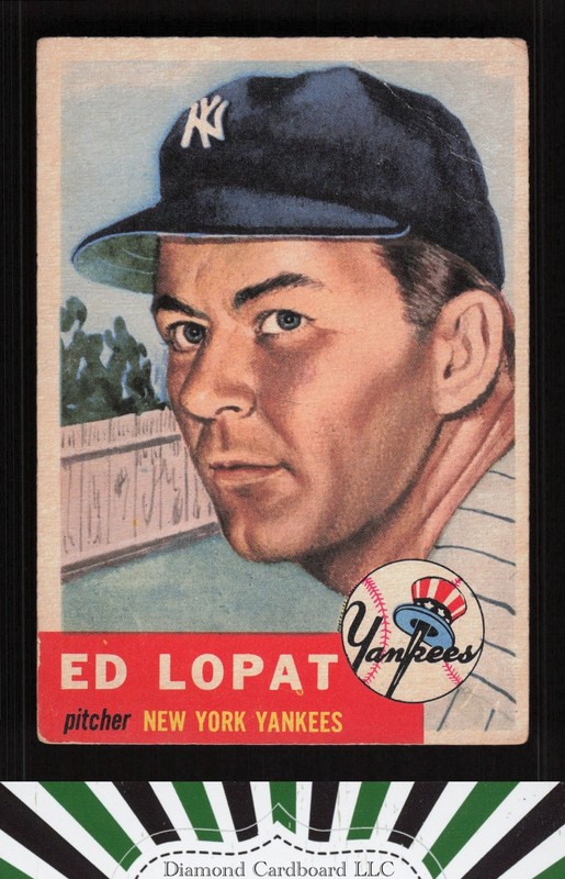 1953 Topps #87 Ed Lopat : Bio uses white text GD b, front