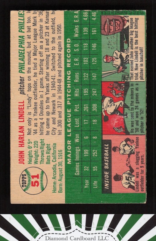 1954 Topps #51 Johnny Lindell VG (MC) n, back