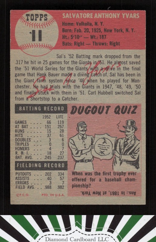 1953 Topps #11 Sal Yvars EX+ g, back
