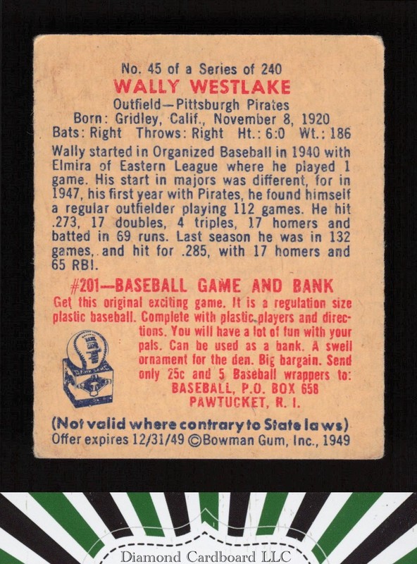 1949 Bowman #45 Wally Westlake VGEX (ST) c, back