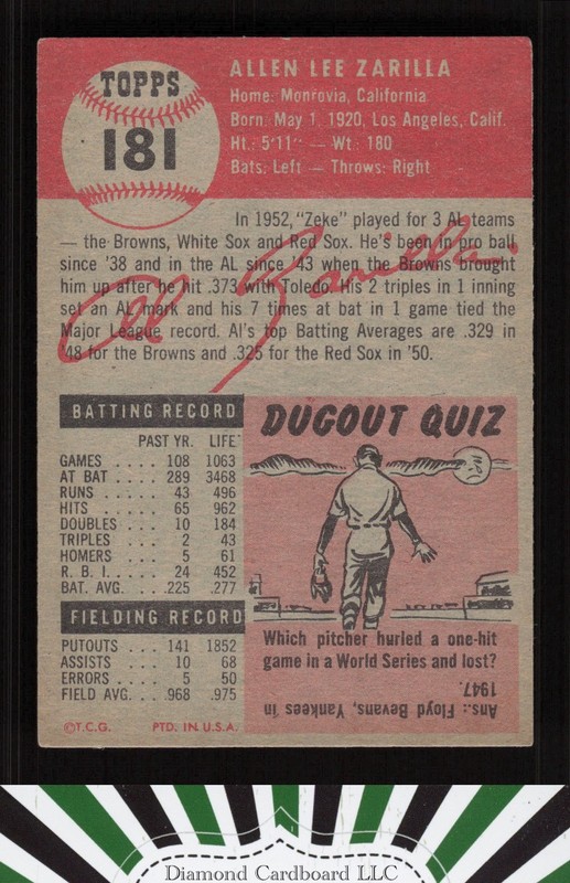 1953 Topps #181 Al Zarilla VG d, back