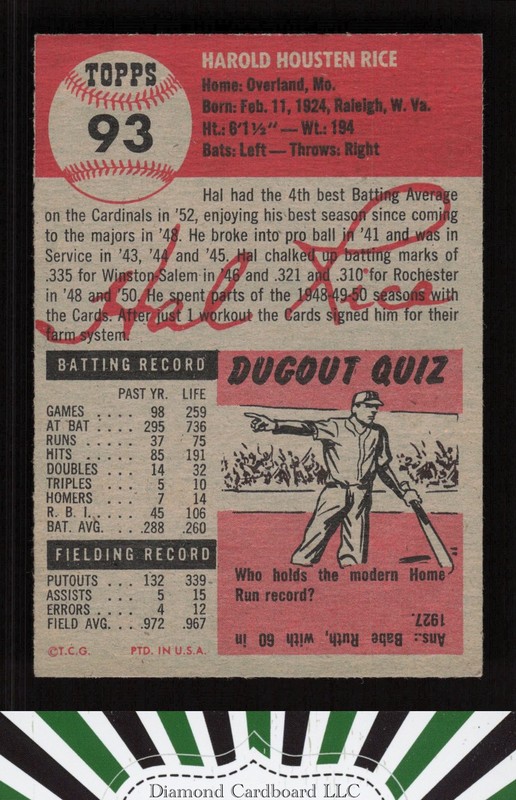 1953 Topps #93 Hal Rice : Bio uses black text VGEX+ e, back