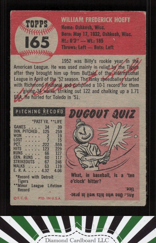 1953 Topps #165 Billy Hoeft : Bio uses black text GD+ [CENTERED] f, back