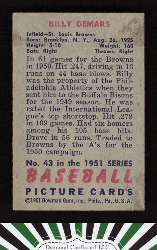1951 Bowman #43 Billy DeMars VGEX+, back