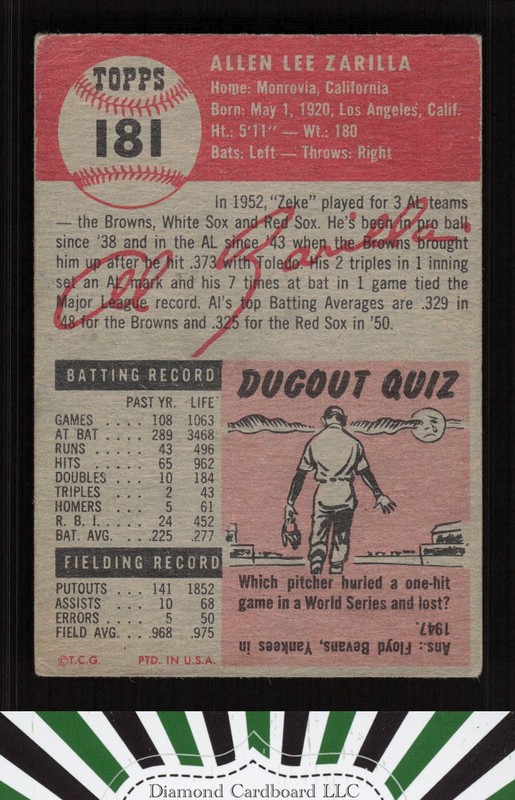 1953 Topps #181 Al Zarilla GD b, back