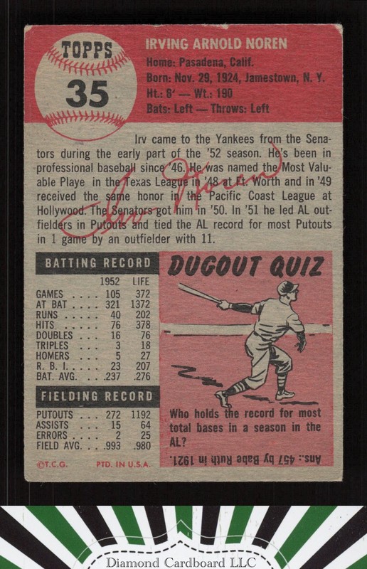 1953 Topps #35 Irv Noren FR a, back