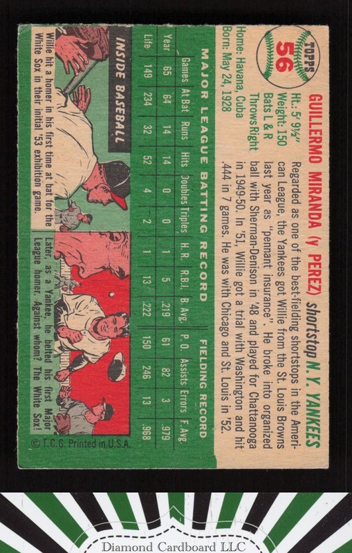 1954 Topps #56 Willy Miranda VG k, back