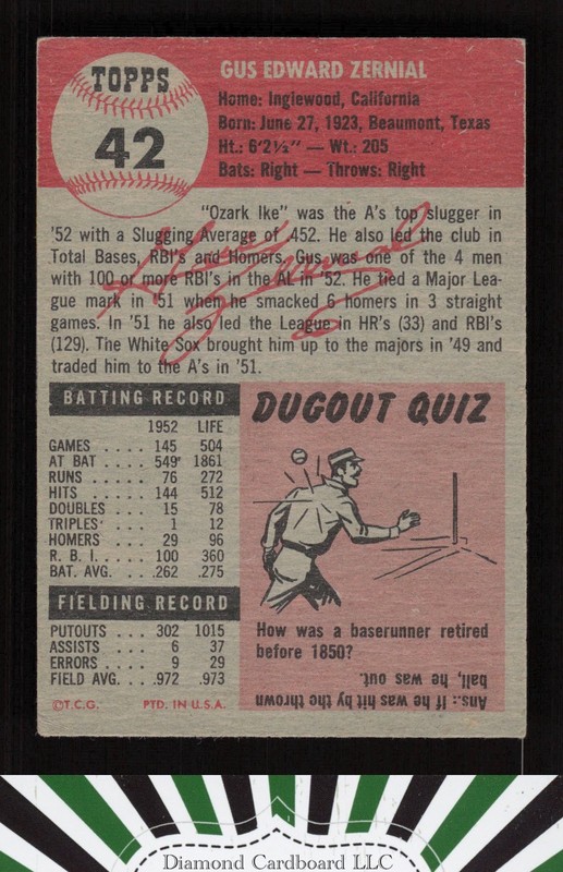 1953 Topps #42 Gus Zernial VG+ i, back