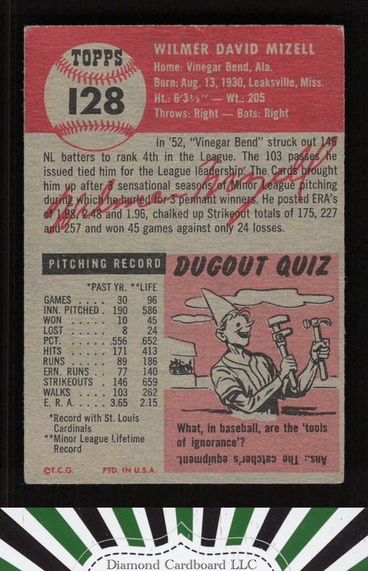 1953 Topps #128 Wilmer Mizell : Bio uses white text VGEX (MC) b, back