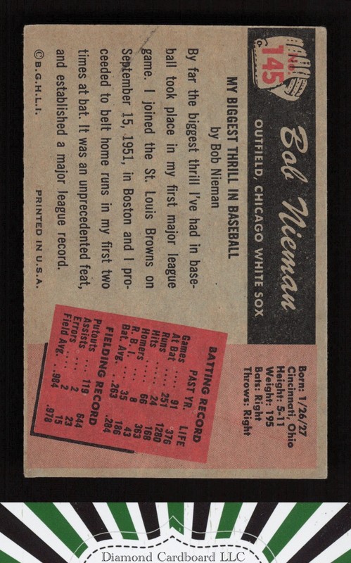 1955 Bowman #145 Bob Nieman VGEX, back