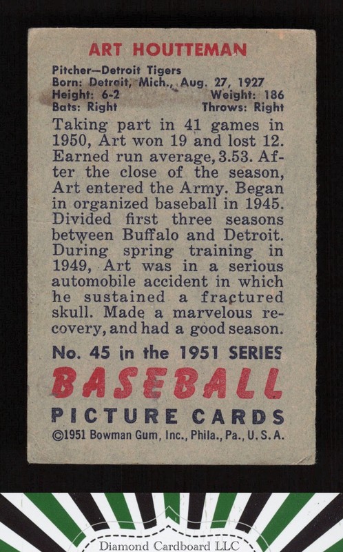 1951 Bowman #45 Art Houtteman GD, back