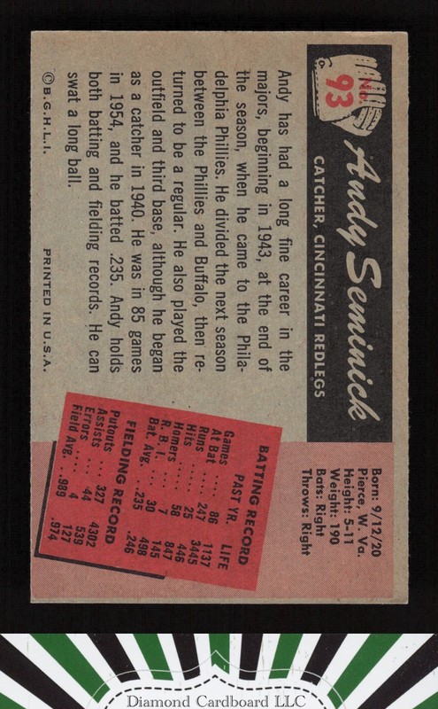 1955 Bowman #93 Andy Seminick EX, back