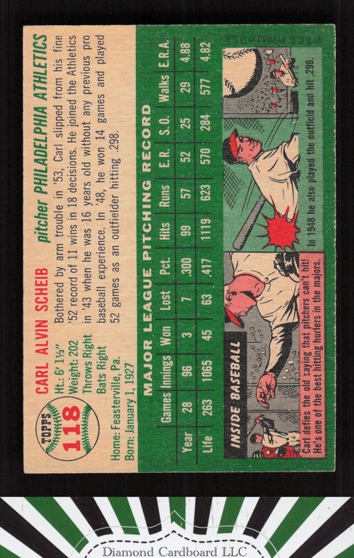 1954 Topps #118 Carl Scheib EX [GREAT EYE APPEAL] e, back