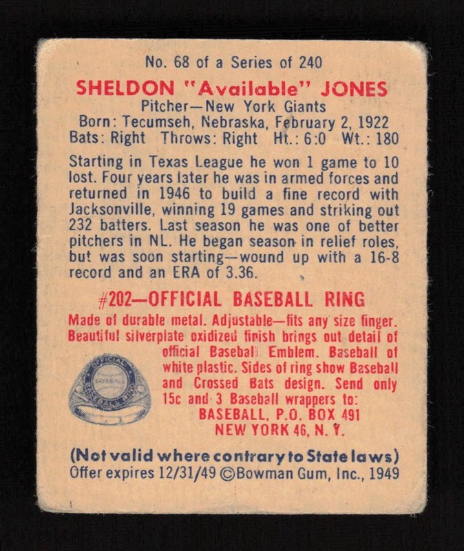 1949 Bowman #68 Sheldon Jones VG, back