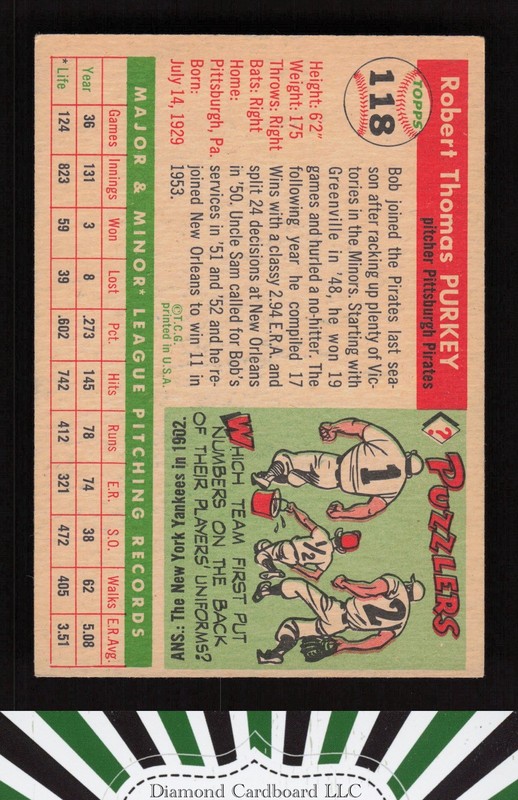 1955 Topps #118 Bob Purkey VG+ e, back