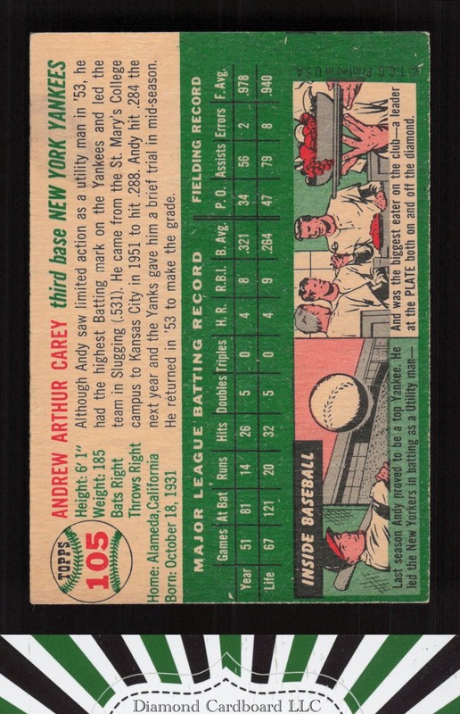 1954 Topps #105 Andy Carey VGEX (MC) a, back