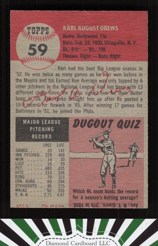 1953 Topps #59 Karl Drews GD [SHARP CARD] b, back