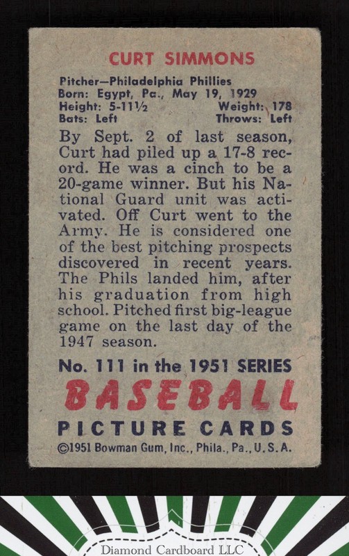 1951 Bowman #111 Curt Simmons VGEX, back