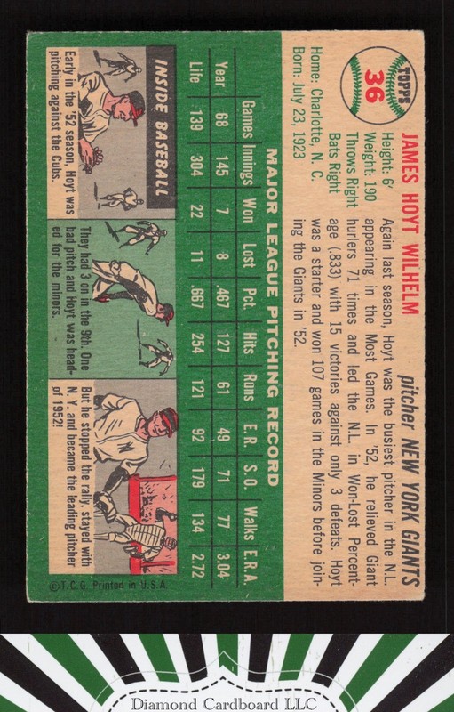 1954 Topps #36 Hoyt Wilhelm VGEX+ k, back