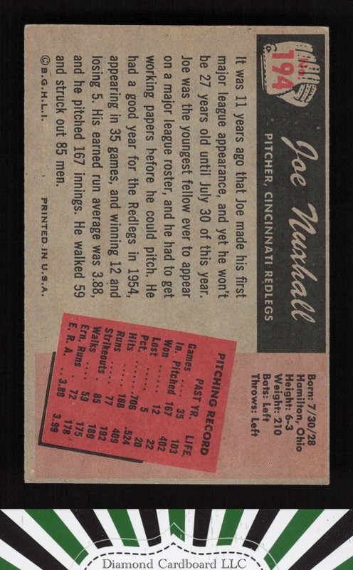 1955 Bowman #194 Joe Nuxhall VGEX+, back