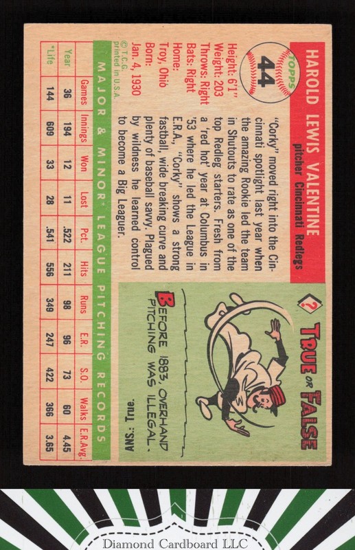 1955 Topps #44 Corky Valentine VGEX m, back