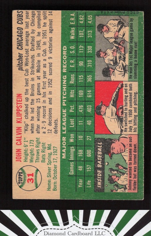 1954 Topps #31 Johnny Klippstein VG+ d, back