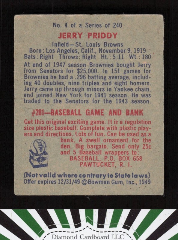 1949 Bowman #4 Jerry Priddy No Name VG [CENTERED] b, back