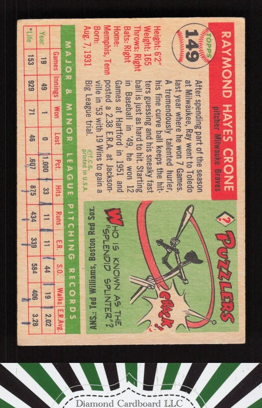 1955 Topps #149 Ray Crone VGEX i, back