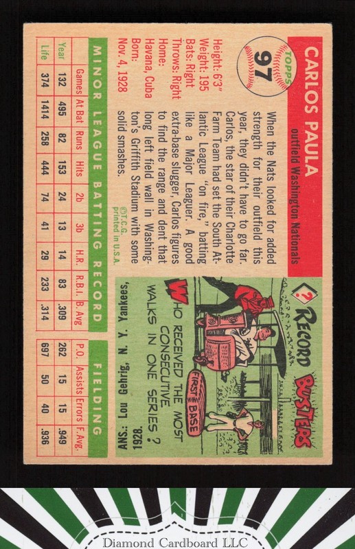 1955 Topps #97 Carlos Paula VGEX n, back