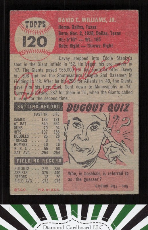 1953 Topps #120 Davey Williams : Bio uses black text EX h, back
